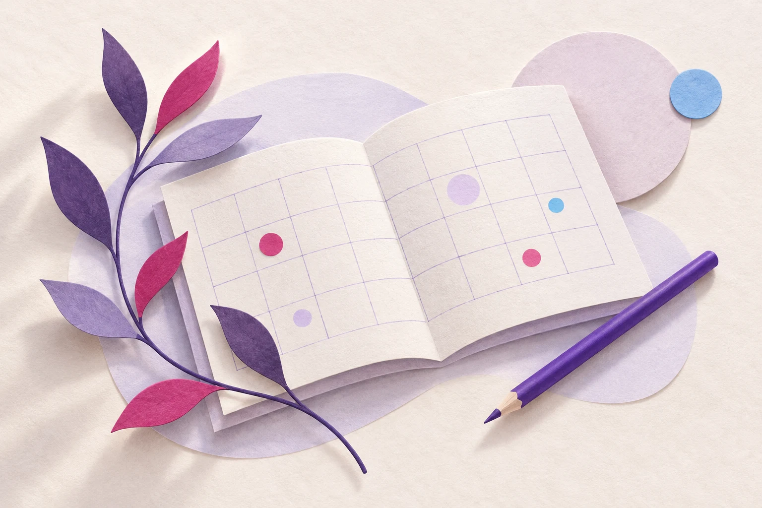 Calendario illustrato con segni colorati, una matita e foglie viola.